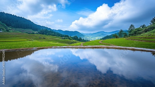 Serene Landscape of Terraced Rice Fields with Reflection of Cloudy Sky and Lush Green Mountains in the Background, Capturing Nature's Tranquility