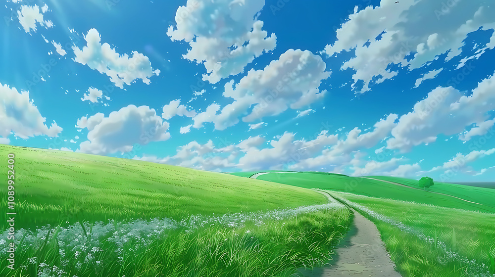 Fototapeta premium Serene Landscape with Rolling Green Hills, Vibrant Blue Sky, and Fluffy White Clouds Under Bright Sunshine Inviting Nature Enthusiasts to Explore Scenic Paths