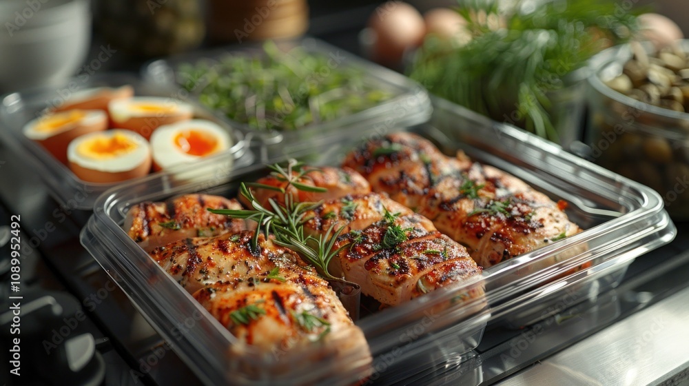 Obraz premium A meal prep scene featuring portions of Dukan diet-approved foods like grilled chicken, boiled eggs, and low-fat yogurt, ready to be packed into containers.