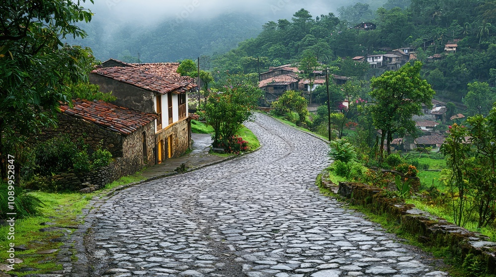 Fototapeta premium Serene Winding Cobblestone Road Surrounded by Lush Greenery and Quaint Homes in a Misty Landscape, Perfect for Nature and Travel Themes