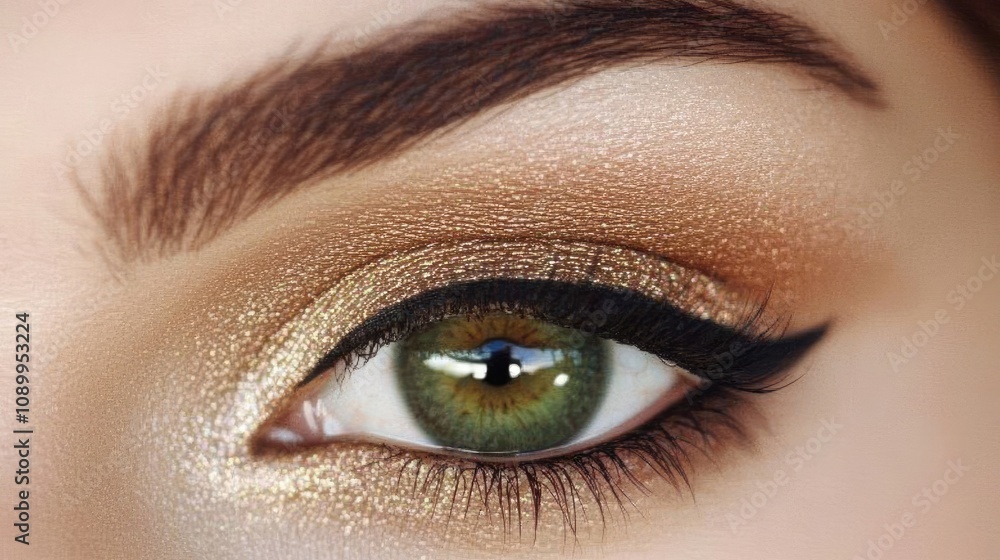 Fototapeta premium Close-Up of Stunning Green Eye with Elegant Makeup Featuring Gold and Brown Tones, Capturing Intricate Details and Natural Beauty