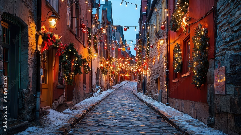 Fototapeta premium High-Quality Stock Photo of a Charming Cobblestone Street Illuminated with Festive Lights and Decorations, Perfect for Holiday Themes and Seasonal Projects