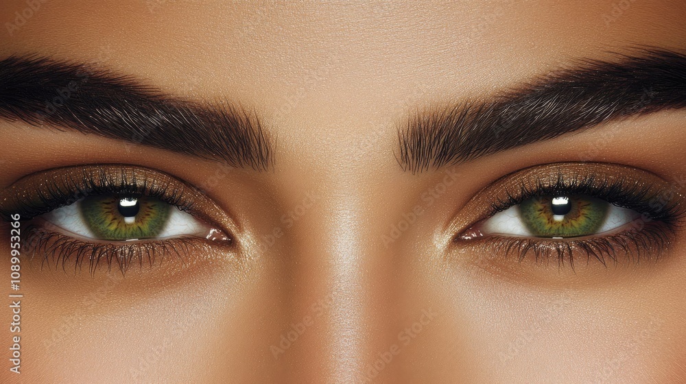 Obraz premium Close-Up of Striking Green Eyes with Defined Eyebrows and Soft Makeup, Capturing an Alluring and Intense Gaze for Beauty and Fashion Photography