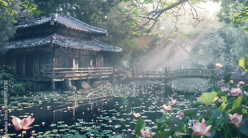 Serene Japanese Garden with Traditional Wooden Architecture, Tranquil Pond, and Soft Sunlight Filtering Through Lush Greenery, Ideal for Peaceful Landscape Imagery