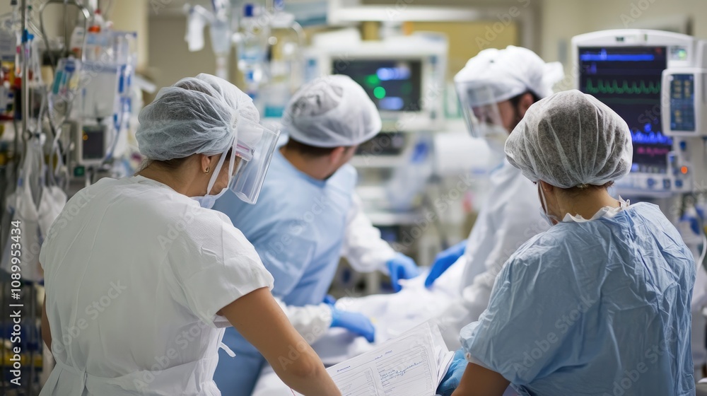 Obraz premium Healthcare Professionals in Surgical Scrubs Collaborate in Busy Hospital Setting with Medical Equipment and Monitors in Modern Intensive Care Unit
