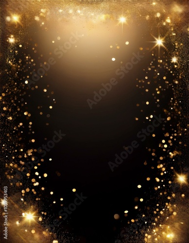 Glimmering gold sparkles on black background. Festive, luxurious backdrop.