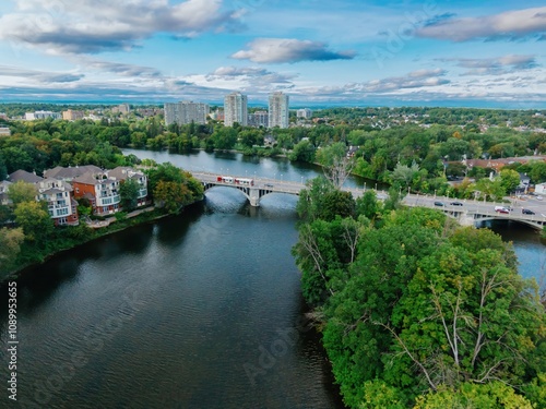 Traffic on the Cummings Bridge crossing the Rideau River, Ottawa, Ontario, Canada.