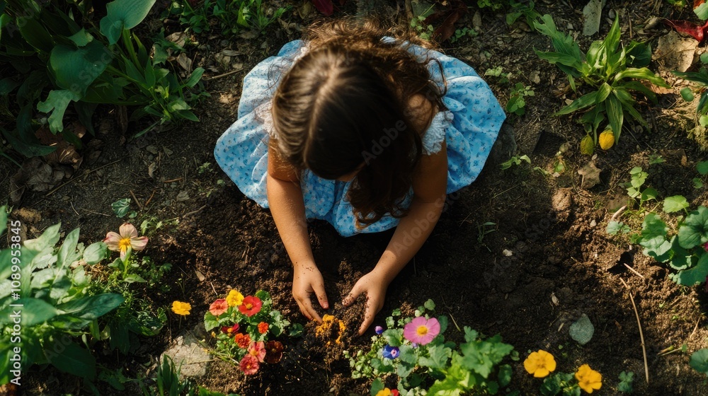 Fototapeta premium Young Girl Engaged in Gardening, Nurturing Colorful Flowers in a Blooming Garden, Surrounded by Lush Greenery and Natural Beauty