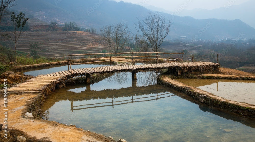 custom made wallpaper toronto digitalTranquil Rice Terraces Reflected in Serene Water, Wooden Bridge Connecting Scenic Fields, Misty Mountains in Background, Peaceful Rural Landscape in Asia