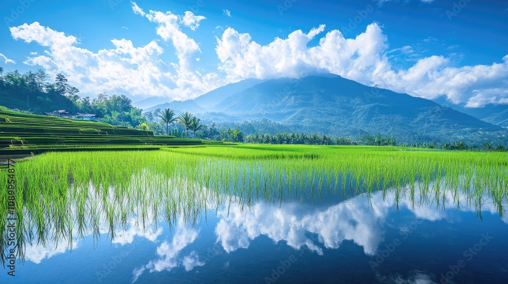 Fototapeta premium Lush Green Rice Fields Reflected in Still Water Under Bright Blue Sky with Fluffy White Clouds and Majestic Mountains in the Background