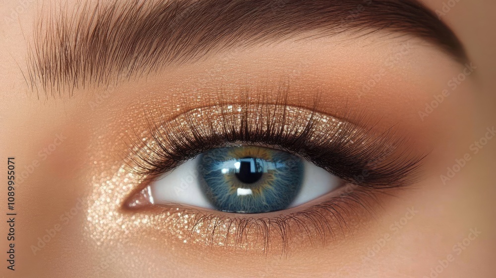 Obraz premium Close-Up of Stunning Blue Eye with Glittering Makeup and Natural Eyebrow, Showcasing Beautiful Eye Makeup Techniques and Eye Color Enhancements