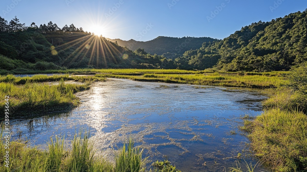 Fototapeta premium Serene Sunrise Over Tranquil Wetlands with Vibrant Greenery, Reflective Water Surface, and Majestic Mountains in the Background Illuminated by Golden Sunlight