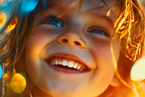 A cheerful child beams with happiness, enchantingly lit by vibrant colors at golden hour photo