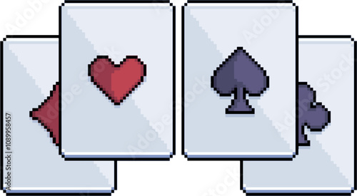 Pixel art Four playing cards with the four suits in 8-bit style on white background
