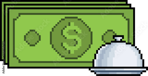 Pixel art of money bills with plate of food in 8-bit style on white background