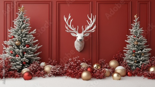 Festive Christmas scene with snow-covered trees, deer head, and red and gold ornaments against a red wall. photo