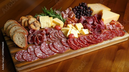 Beautifully Arranged Charcuterie Board with Cured Meats, Cheeses, Fresh Fruits, and Crispy Bread Set on a Wooden Table, Perfect for Gatherings and Celebrations photo