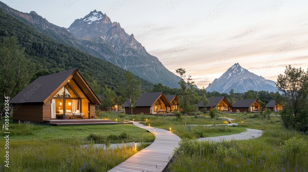 Obraz premium Cozy wooden cabins nestled in a serene valley surrounded by majestic mountains, showcasing tranquil nature and scenic beauty at dusk's golden hour.