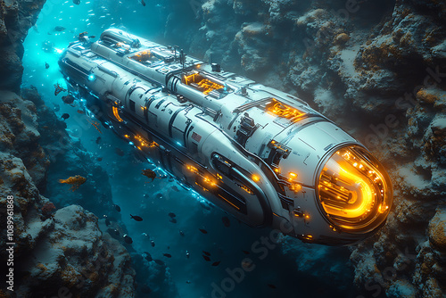 A futuristic underwater research vehicle equipped with robotic arms and sensors, exploring the ocean floor and surrounded by marine life, highlighting advanced ocean technology.
 photo