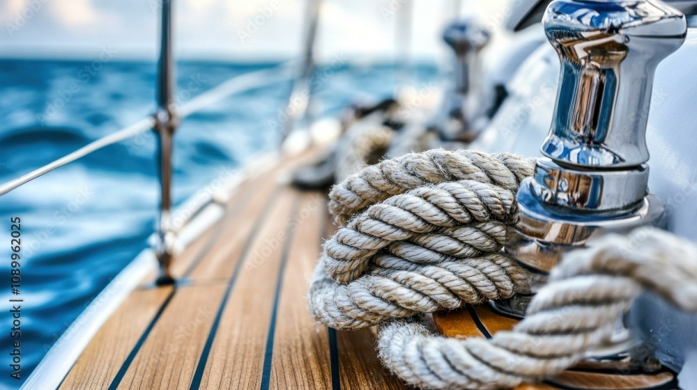 Obraz premium Explore Nautical Adventures: A Close-Up of Sailing Deck Ropes Amidst the Ocean Waves