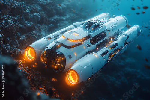 A futuristic underwater research vehicle equipped with robotic arms and sensors, exploring the ocean floor and surrounded by marine life, highlighting advanced ocean technology.
 photo