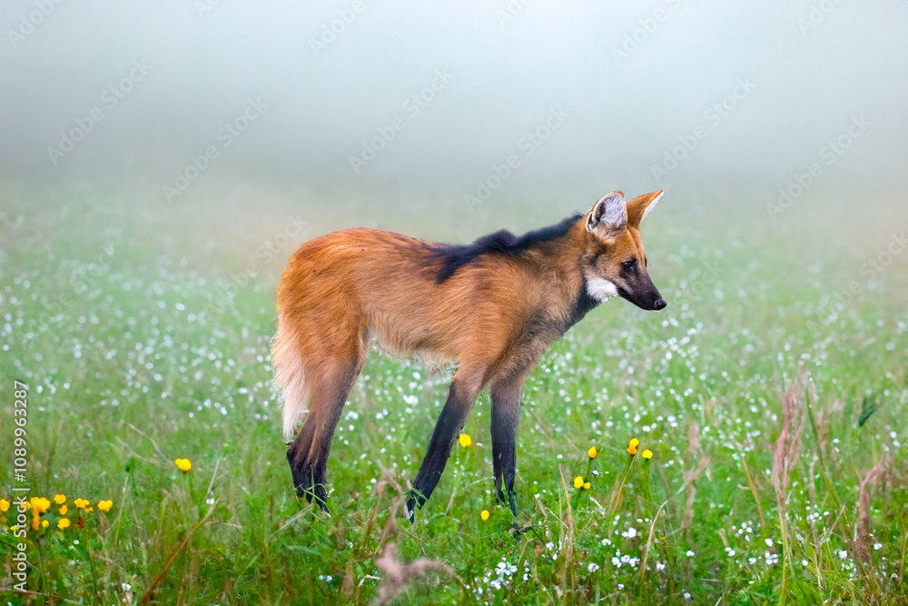 Obraz premium Wild Guará wolf (Chrysocyon brachyurus) one of the rarest wolves in the world lives in the Brazilian cerrado biome 