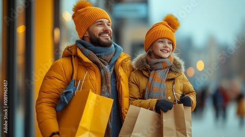 Happy father and daughter in winter clothes carrying shopping bags on city street.