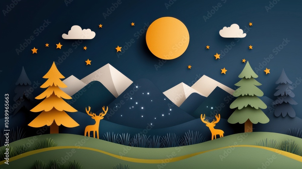 Naklejka premium Nighttime Forest Scene with Deer and Moonlight