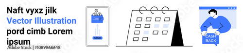 Mobile phone with data chart, desk calendar, and person holding cash back sign. Ideal for business analytics, financial projects, scheduling, online transactions, marketing strategies, app