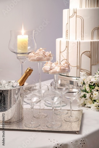 table decorated with wedding cake, silver bucket with ice and champagne, flowers and crystal glasses