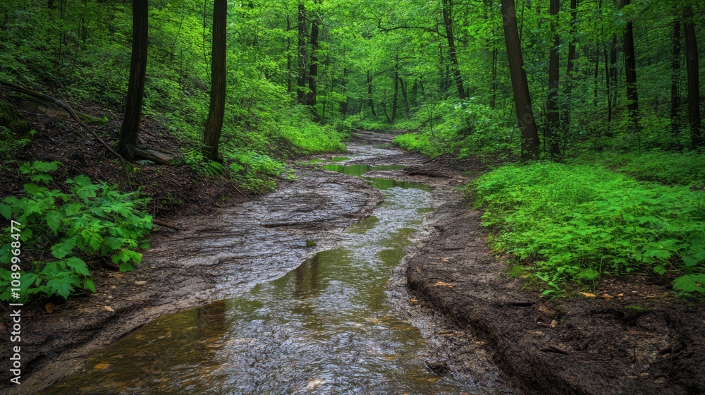 Fototapeta premium Lush green forest path with small stream.