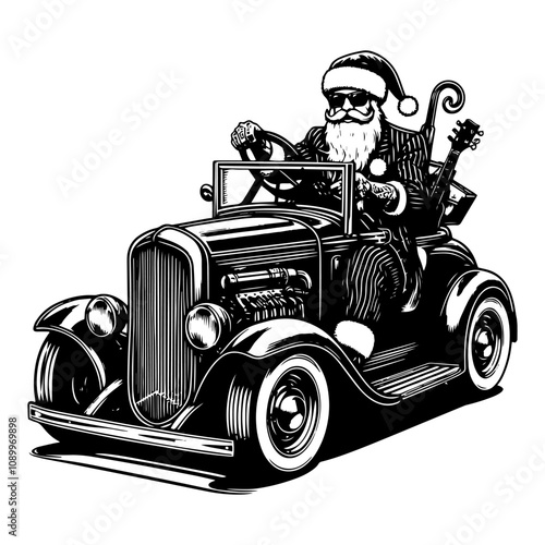 Vintage black and white illustration of a stylish Santa Claus driving a classic car. generative ai.