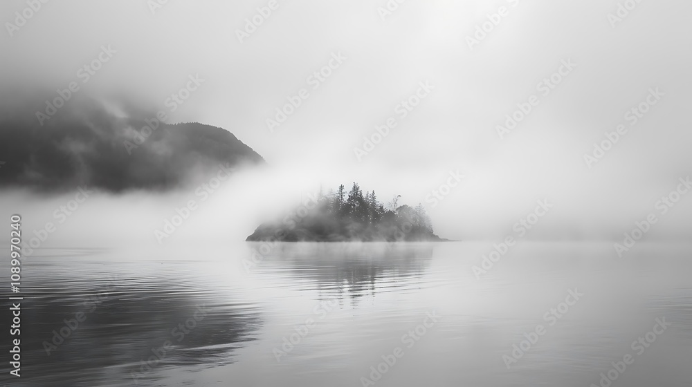 Fototapeta premium A serene black-and-white landscape featuring a misty island reflected in calm waters.