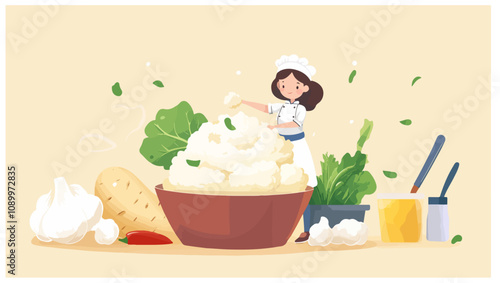 A young girl cooking a mouthwatering batch of mashed potatoes in a large pan, surrounded by various fresh ingredients.