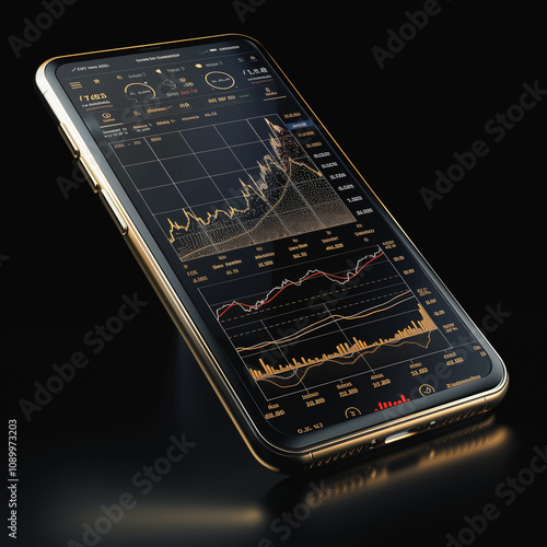 Smartphone displaying financial data and stock market graphs on a sleek black screen.  
 photo