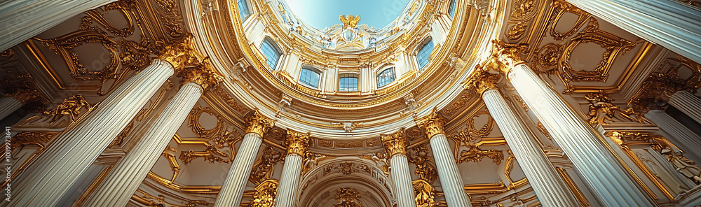 Fototapeta premium Golden pillars illuminated by sunlight in a grand classical hall interior. 