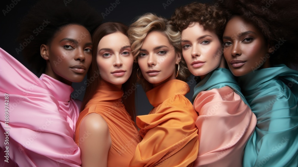 Obraz premium Vibrant Youthful Group Portrait with Ruffled Textures and Bright Colors Against Dark Background