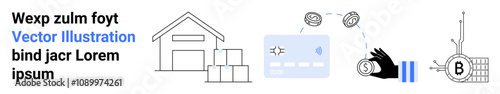 Warehouse with stacked boxes, payment card with coin transfer, hand holding coin, connectivity lines, and bar chart. Ideal for logistics, finance, e-commerce, supply chain, shipping, warehouse