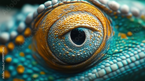 Vibrant Turquoise Chameleon Close-up: Iridescent Beauty with Gold Spots and Large Round Eyes photo