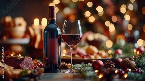 Festive table setting with wine and holiday treats.