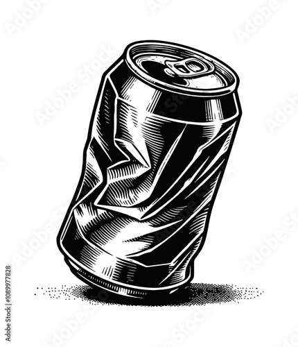 crushed soda can engraving black and white outline