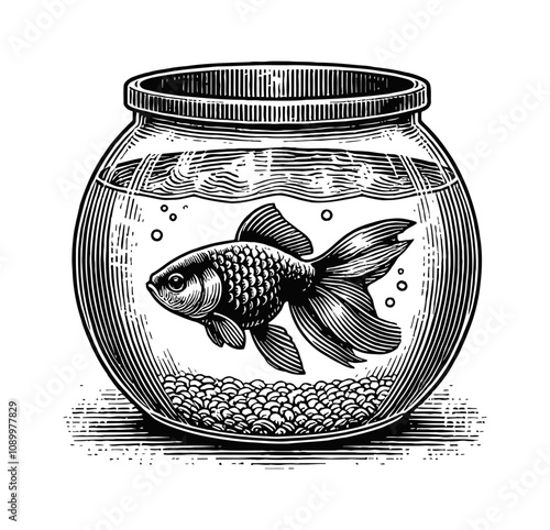 aquarium with a single fish inside engraving black and white outline