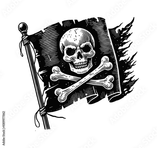 pirate flag black engraving black and white outline