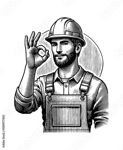 worker wearing helmet making OK gesture engraving black and white outline
