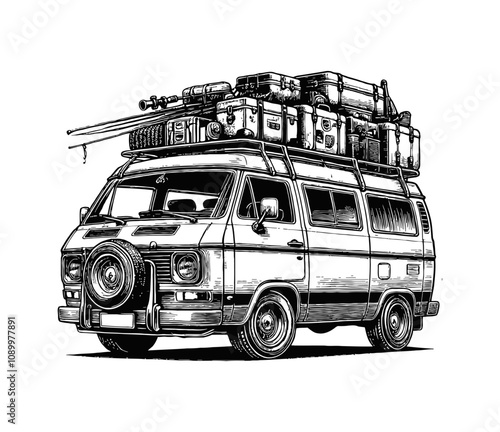 camper van loaded with luggage and travel gear on its roof engraving black and white outline
