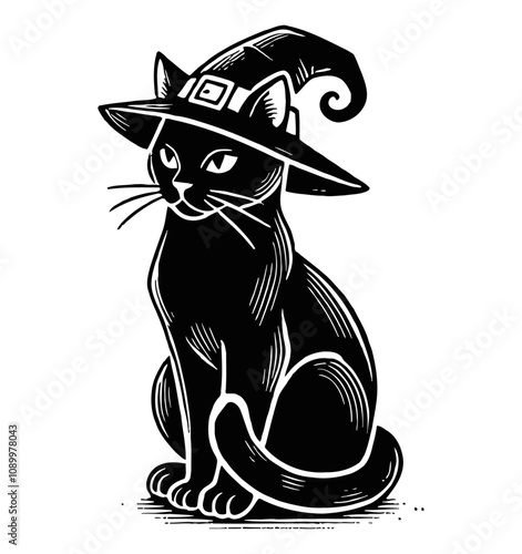 black cat witch hat engraving black and white outline