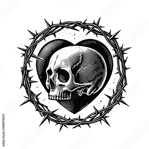 skull love thorny branches engraving black and white outline