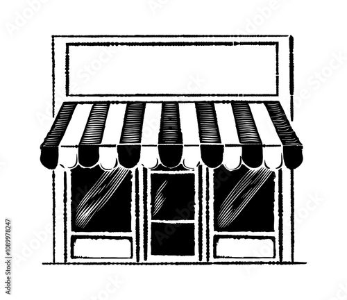 retro shop building engraving black and white outline