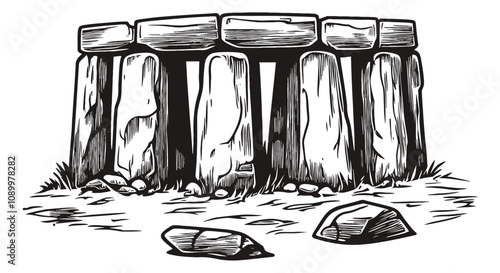 stone henge engraving black and white outline