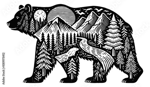 bear silhouette forest tree engraving black and white outline